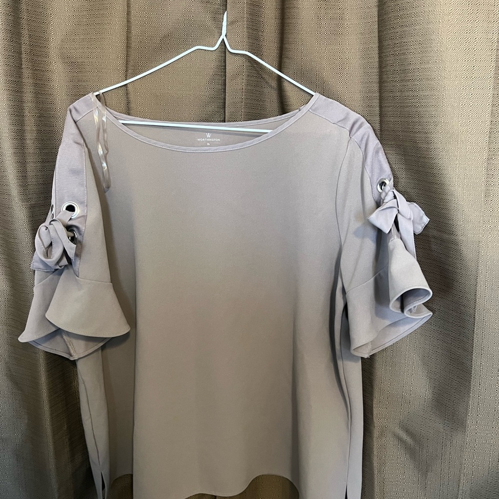 Worthington Taupe Short-Sleeve Blouse with Ruffle & Tie Detail